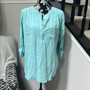 LOFT Aqua Half Button Down Shirt-Medium
